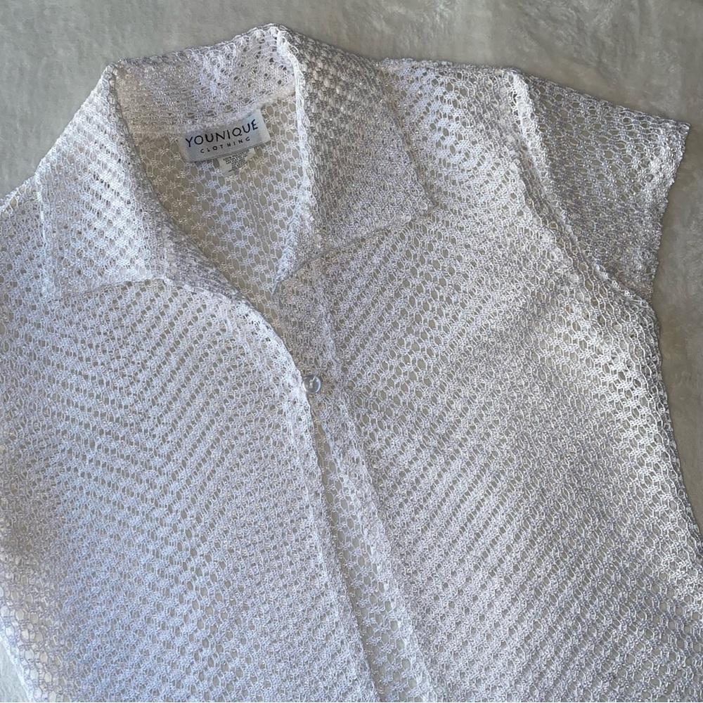 Vintage Younique Crochet Knit Polo‎ Shirt Top White- Women's Size Medium